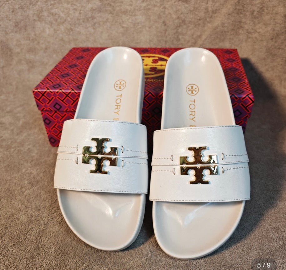 White and Gold T Sandals